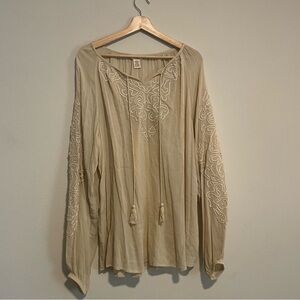 Sundance Cream Embroidered Long-sleeve Tunic Top, Size XL